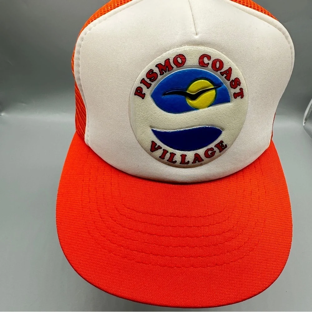 👉 Vintage Pismo Coast Village Trucker Hat – Orange & White Mesh Snapback – Cap